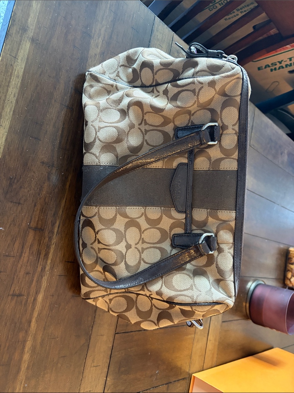 Coach Tan Signature Canvas Duffel with Brown Trim and Leather Handles